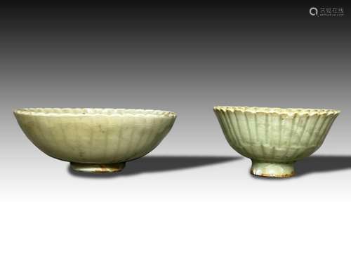 TWO CHINESE CELADON RIBBED BOWLS WITH FLUTED RIMS, SONG DYNA...