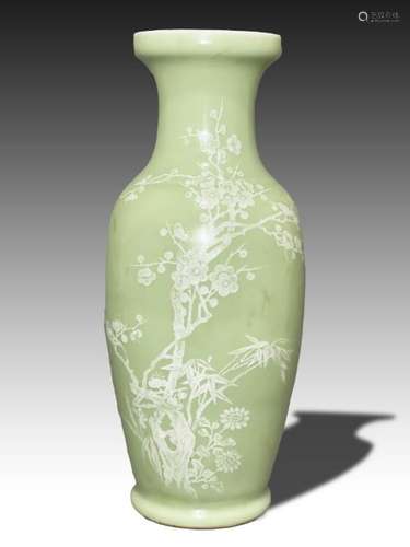 A CHINESE CELADON GROUND VASE WITH WHITE ENAMELLING, REPUBLI...