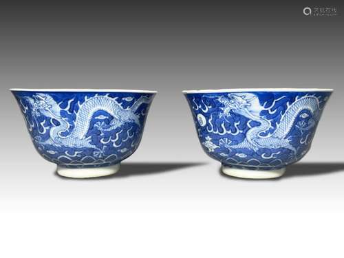 AN IMPRESSIVE PAIR OF CHINESE BLUE & WHITE DRAGON BOWLS,...