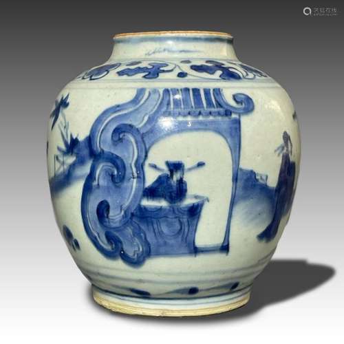 A CHINESE BLUE & WHITE JAR, QING DYNASTY (1644-1911) WIT...