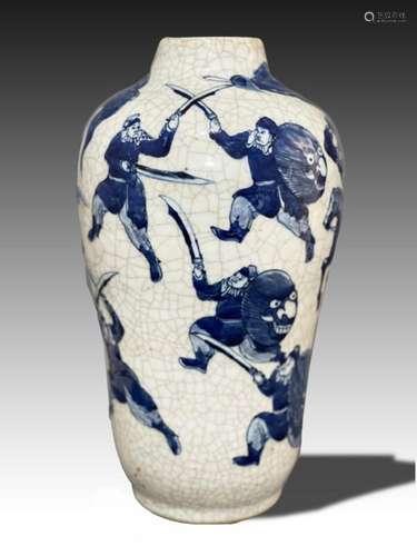 A CHINESE BLUE & WHITE WARRIOR CRACKLE VASE. QING DYNAST...