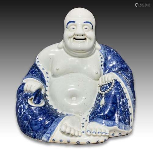 A LARGE CHINESE BLUE & WHITE HOTEI BUDDHA, QING DYNASTY ...