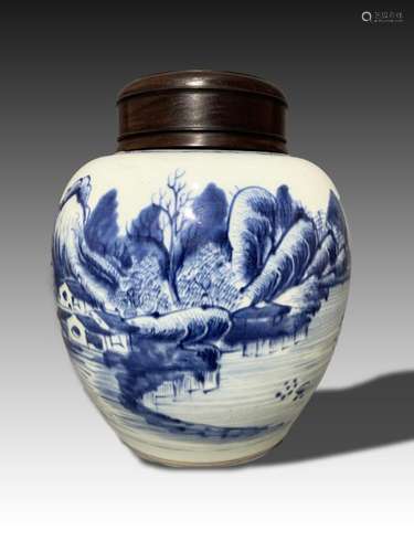 A CHINESE BLUE & WHITE JAR WITH A ROSEWOOD LID, KANGXI P...