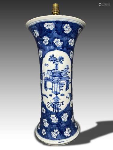 A CHINESE BLUE & WHITE PRUNUS VASE CONVERTED TO LAMP, QI...