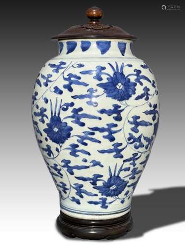 A CHINESE BLUE & WHITE VASE WITH ROSE WOOD LID & STA...