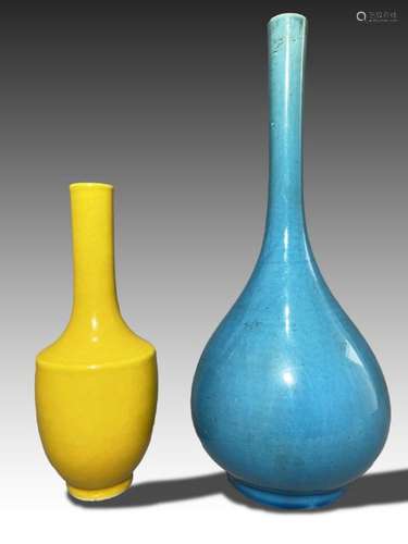 TWO CHINESE MONOCHROME BOTTLE VASES, YONGZHENG MARK, QING DY...