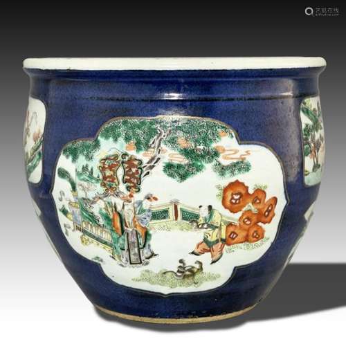 A LARGE POWDER BLUE GROUND FAMILLE VERTE FISH BOWL, QING DYN...