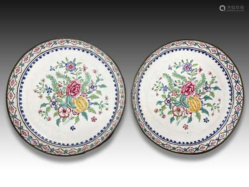 A PAIR OF CHINESE CANTON ENAMEL FLOWER DISHES, QIANLONG PERI...