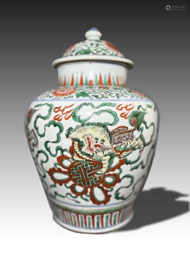 A CHINESE WUCAI BUDDIHISTIC LION VASE, TRANSITIONAL PERIOD, ...