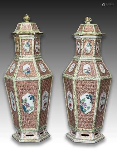 A RARE PAIR OF CHINESE HEXAGONAL RETICULATED STYLE VASES, QI...