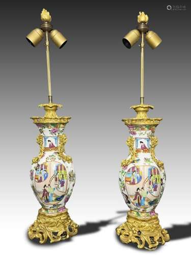 A PAIR OF CHINESE FAMILLE ROSE VASES CONVERTED TO LAMPS, QIN...