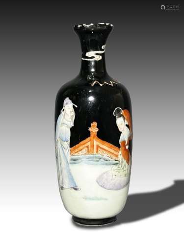 A CHINESE BLACK GROUND FAMILLE ROSE FIGURAL VASE, QING DYNAS...