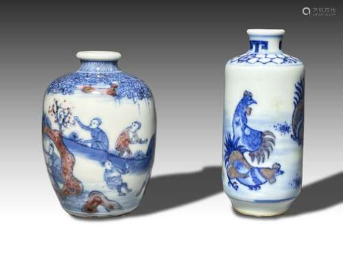 TWO CHINESE UNDERGLAZED RED WING DYNASTY PORCELAIN SNUFF BOT...