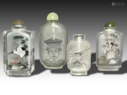 FOUR INSIDE PAINTED GLASS CHINESE SNUFF BOTTLES, REPUBLIC PE...