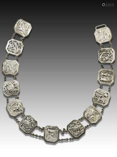 A CHINESE WHITE METAL MEDALLION BELT, QING DYNASTY (1644-191...