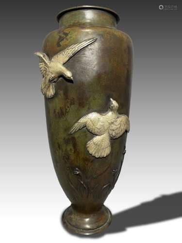 SEIYA: A JAPANESE SILVERED MIX METAL BRONZE VASE, MEIJI PERI...