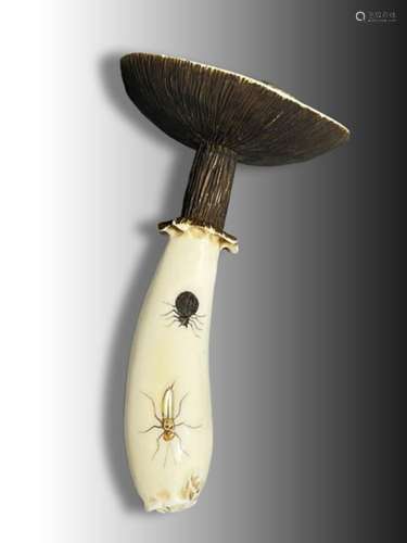 A JAPANESE SHIBAYAMA OKIMONO OF A MUSHROOM WITH MOTHER OF PE...