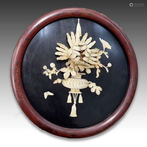 A JAPANESE BONE & LACQUER FLORAL PLAQUE, MEIJI PERIOD