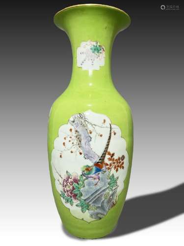 A LARGE CHINESE LIME GREEN GROUND FAMILLE ROSE VASE, QING DY...