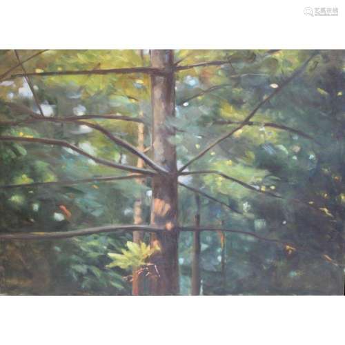 Illegibly Signed Oil On Canvas "Pine Tree"