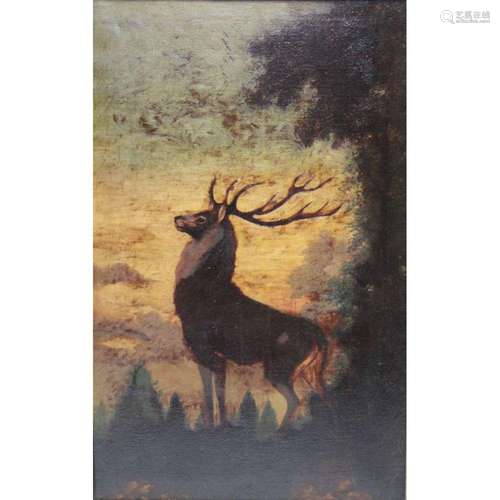 Illegibly Signed Oil On Canvas. Elk At Sunset.