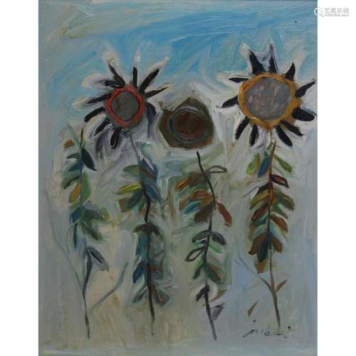 Illegibly Signed Oil Painting "Sunflowers"