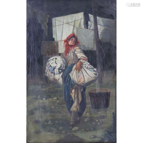 Unsigned Oil On Canvas. Woman Carrying Laundry.