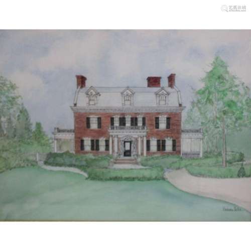 Barbara Bellin Signed Watercolor Stately Home.