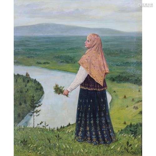 Illegibly Signed Oil On Canvas. Lady At River.