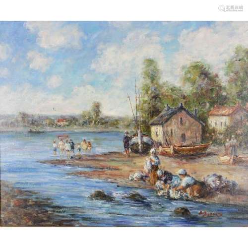 Morris Signed Oil On Canvas Riverside Gathering