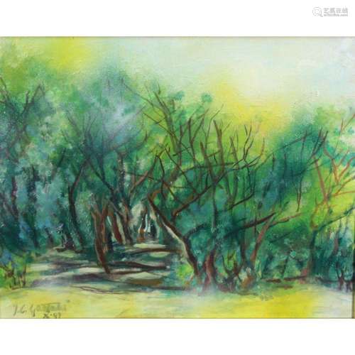 Illegibly Signed Oil On Masonite Forest Scene.