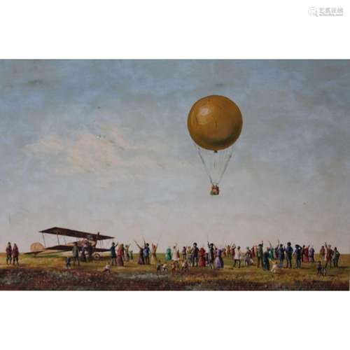 K. Hermann Signed Oil On Canvas Balloon Flight.