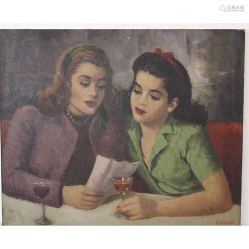 Sideris Signed Oil On Canvas Of 2 Ladies.