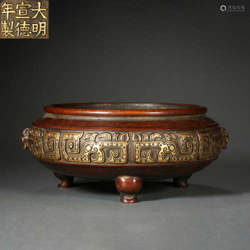 CHINESE BRONZE GILT INCENSE BURNER IN MING DYNASTY