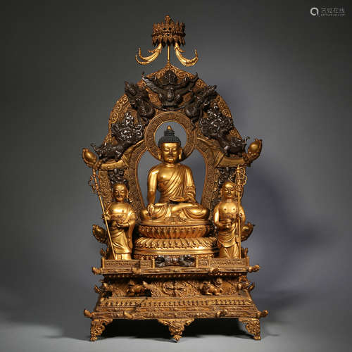 CHINESE GILT BRONZE INLAID WITH SILVER BUDDHA, 15TH CENTURY