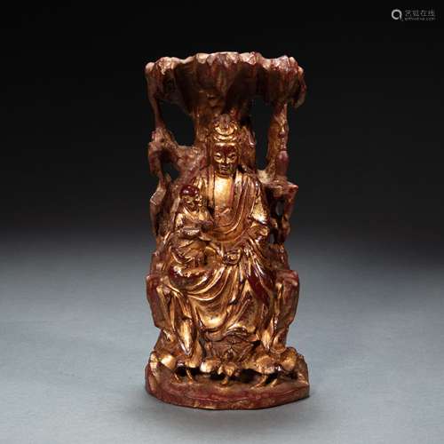 CHINESE WOOD CARVING LACQUER GOLD GUANYIN BUDDHA STATUE IN Q...