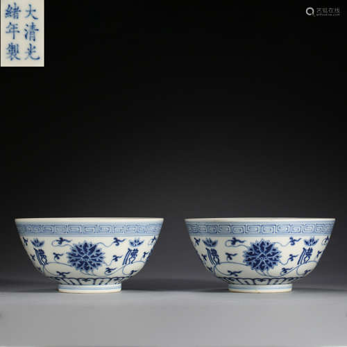 A PAIR OF BLUE AND WHITE PORCELAIN BOWLS FROM THE QING DYNAS...