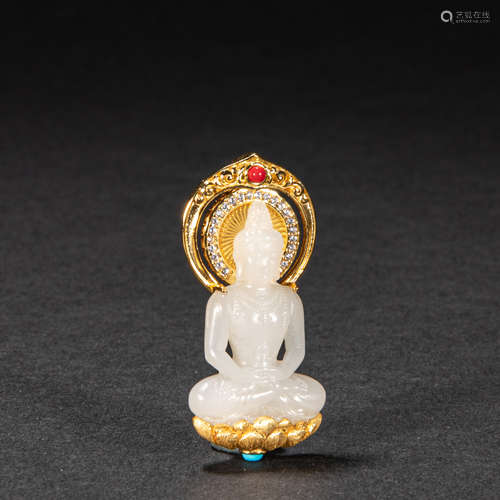 CHINESE HETIAN JADE WRAPPED GOLD BUDDHA STATUE