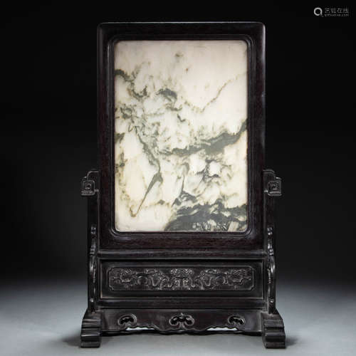 CHINESE MARBLE ROSEWOOD SCREEN FROM QING DYNASTY