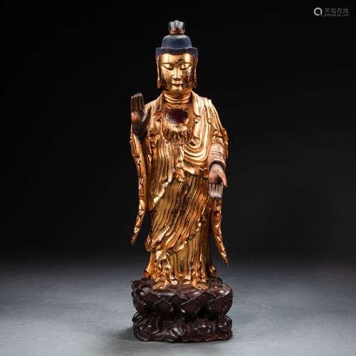 CHINESE WOOD CARVING LACQUER GOLD SAKYAMUNI BUDDHA, MING DYN...