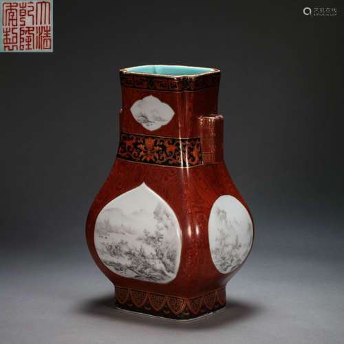 CHINESE POWDER ENAMEL PORCELAIN VASE WITH EAR IN QING DYNAST...