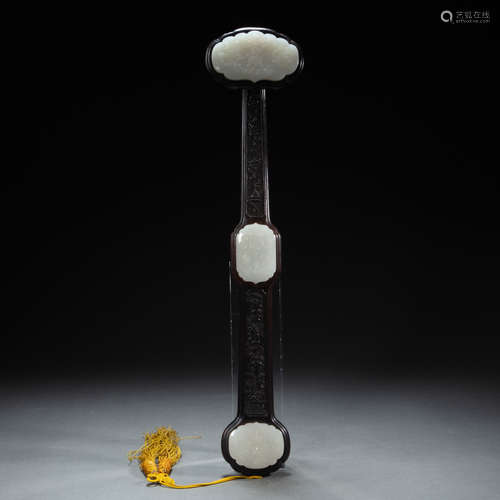 CHINESE ROSEWOOD INLAID WITH WHITE JADE RUYI IN THE QING DYN...