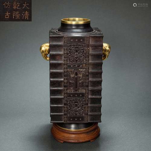 CHINESE ROSEWOOD ELEPHANT EAR SQUARE ZUN VASE FROM QING DYNA...