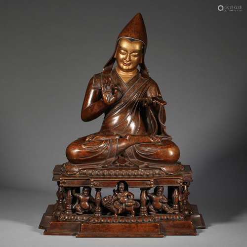 CHINESE BRONZE CLAY GOLD BUDDHA STATUE, 14TH CENTURY