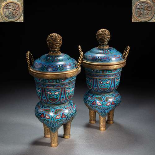 A PAIR OF CHINESE BRONZE GILT FILIGREED ENAMEL DING FROM THE...