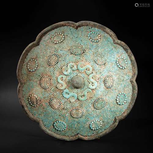 CHINESE BRONZE INLAID TURQUOISE MIRROR IN TANG DYNASTY