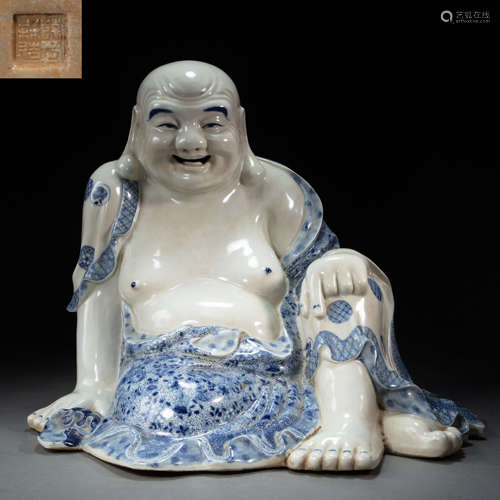 CHINESE BLUE AND WHITE PORCELAIN MAITREYA BUDDHA FROM THE QI...