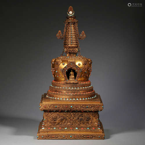 CHINESE BRONZE GILT INLAID GEM PAGODA MING DYNASTY