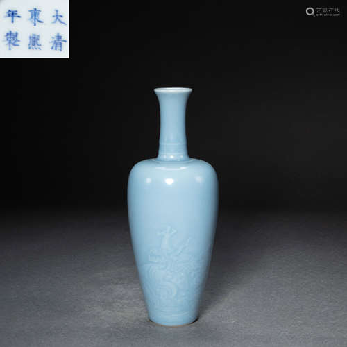 CHINESE SKY BLUE GLAZED PORCELAIN DRAGON VASE FROM THE QING ...