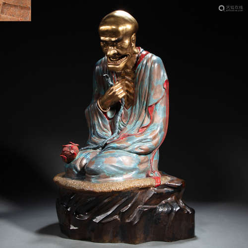 CHINESE BRONZE AND COLOR PORCELAIN ARHAT STATUE QING DYNASTY